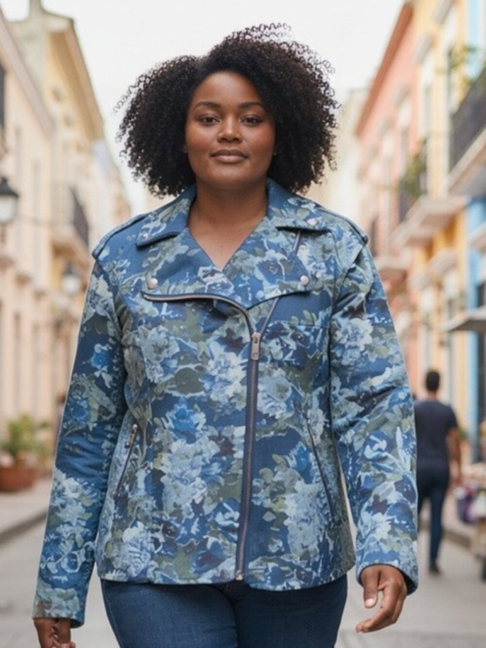 EUC COLLEEN LOPEZ ( 1X ) Blue Floral Faux Leather Moto Jacket